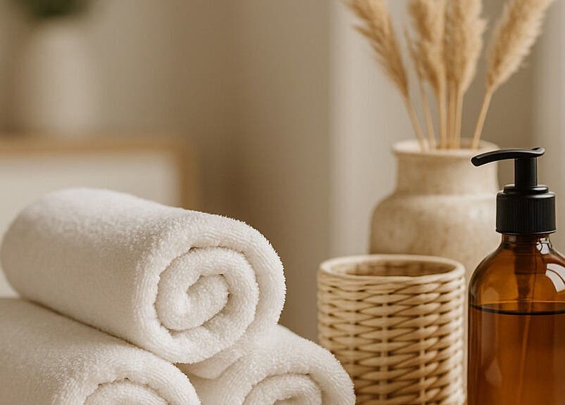 Luxurious spa towels and amber bottle at Natural Indulgences Spa, Baie Verte, Newfoundland And Labrador, CA.
