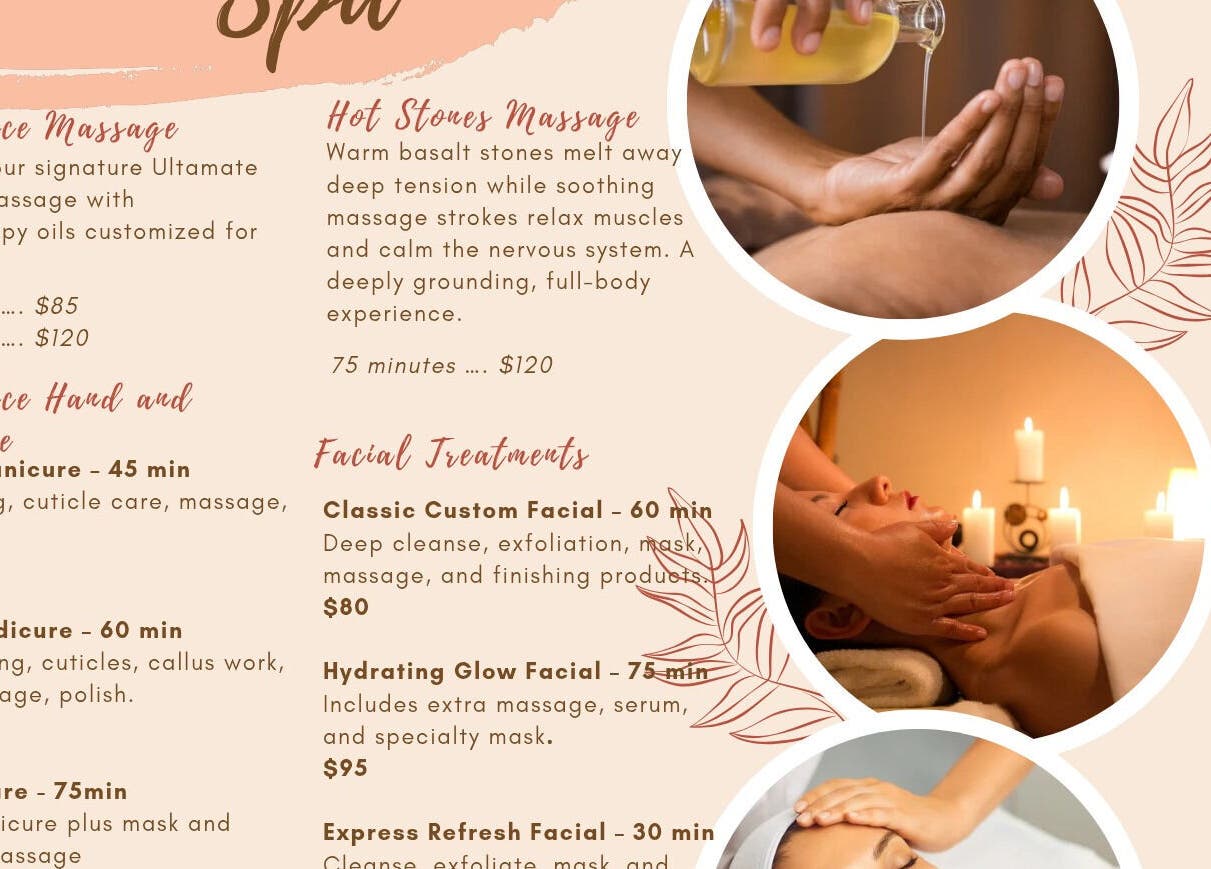 Natural Indulgences Spa services menu in Baie Verte, Newfoundland And Labrador, CA with massage and facial options.