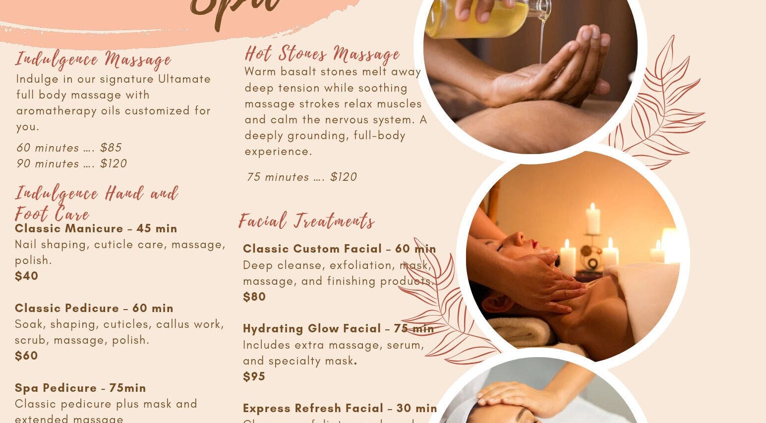 Natural Indulgences Spa services menu in Baie Verte, Newfoundland And Labrador, CA with massage and facial options.
