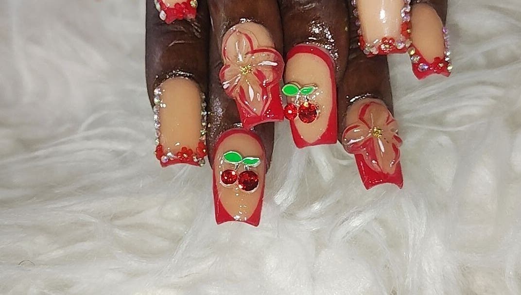 Intricate cherry and floral nail design at Nails by cavi, Spanish Town, St. Catherine Parish, JM.