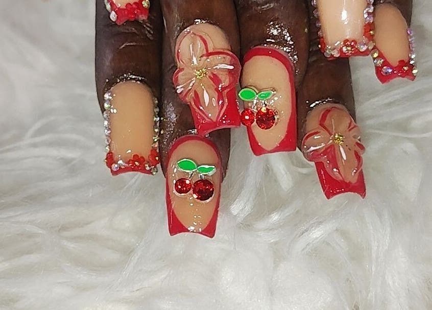 Intricate cherry and floral nail design at Nails by cavi, Spanish Town, St. Catherine Parish, JM.