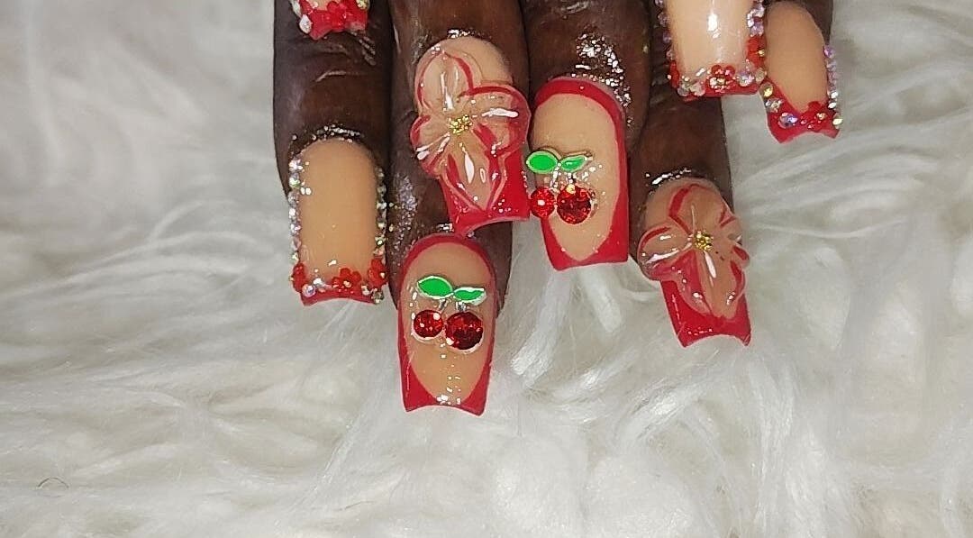 Intricate cherry and floral nail design at Nails by cavi, Spanish Town, St. Catherine Parish, JM.