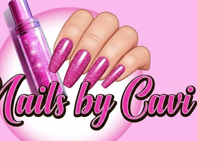 Sparkling pink nails and lipstick logo for Nails by Cavi in Spanish Town, St. Catherine Parish, JM.