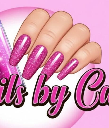 Sparkling pink nails and lipstick logo for Nails by Cavi in Spanish Town, St. Catherine Parish, JM.