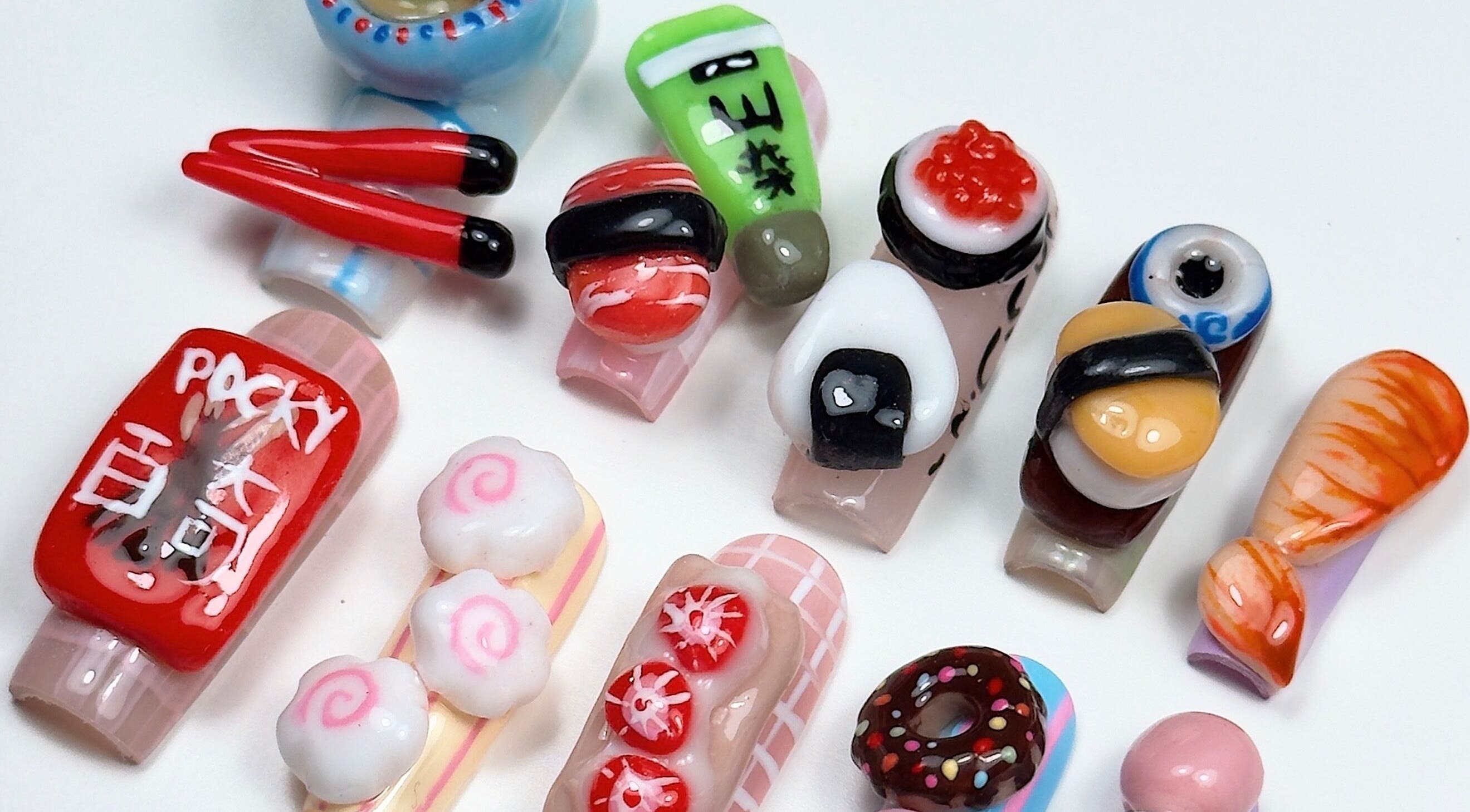 Creative sushi-themed nail art at Amorist Beauty, Sylvania, New South Wales, AU. Perfect for unique nail designs.