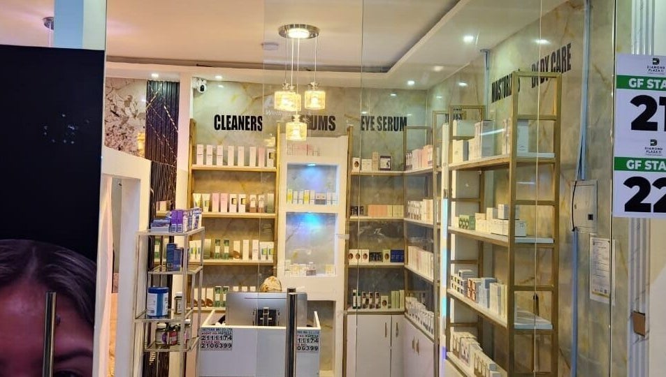 Ajab Beauty and Aesthetics in Nairobi, Nairobi, KE, showcases clean cosmetics on elegant shelves.