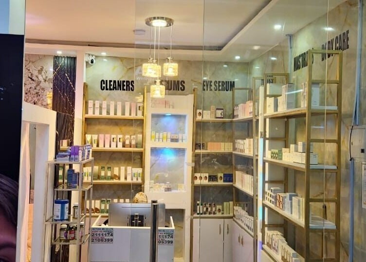 Ajab Beauty and Aesthetics in Nairobi, Nairobi, KE, showcases clean cosmetics on elegant shelves.