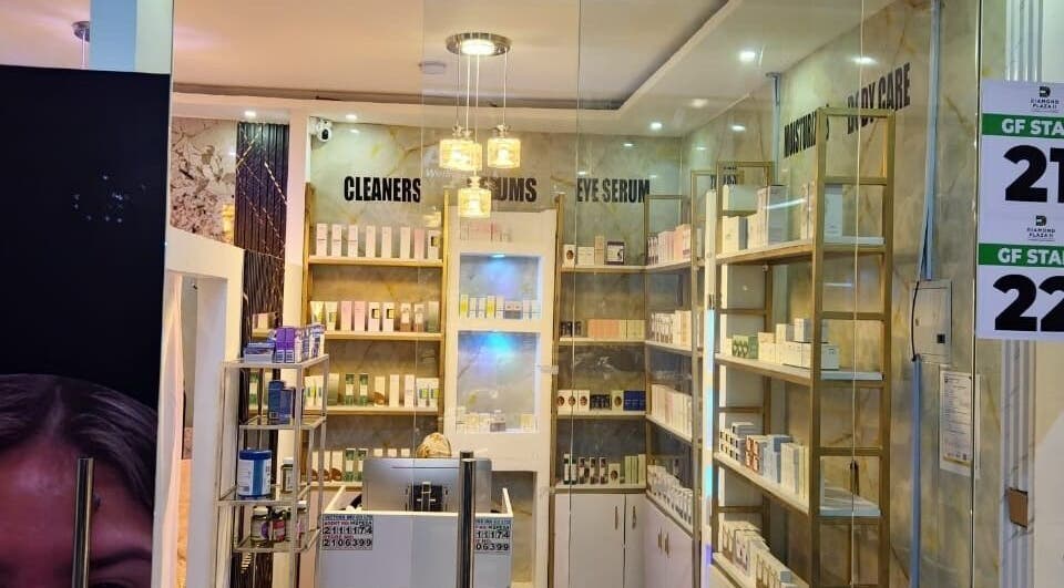 Ajab Beauty and Aesthetics in Nairobi, Nairobi, KE, showcases clean cosmetics on elegant shelves.