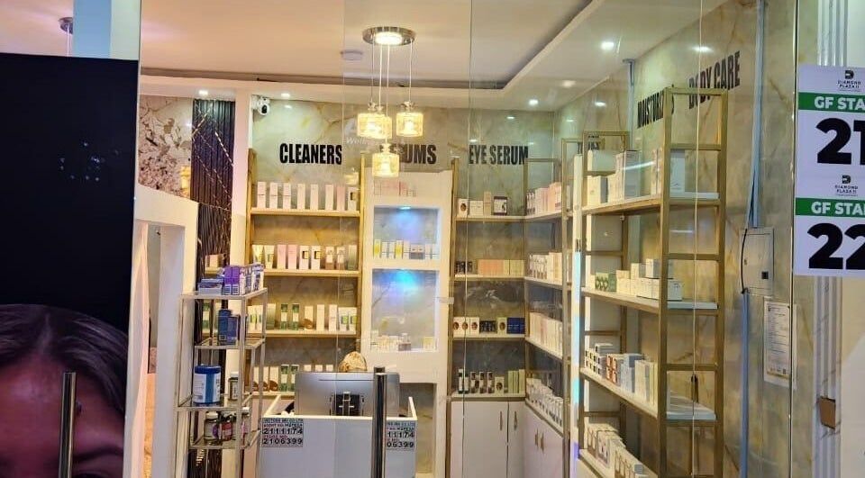 Ajab Beauty and Aesthetics in Nairobi, Nairobi, KE, showcases clean cosmetics on elegant shelves.