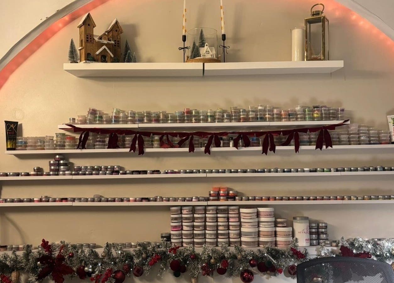 Nmnails_x nail art display at Irlam, England, GB showcasing vibrant polish collection.