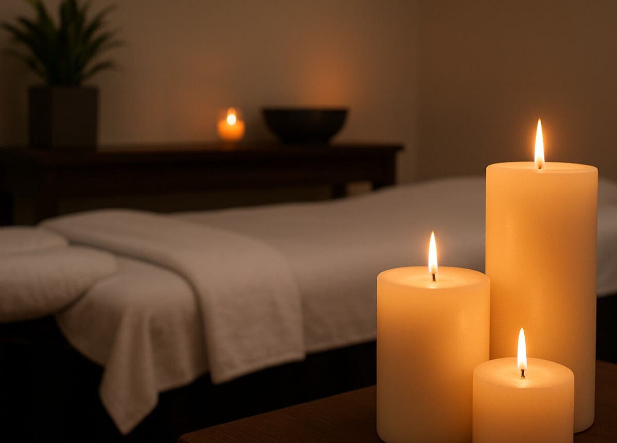 Serene massage room at Deep Relief Mobile Massage, Cape Town, Western Cape, ZA with candles and a massage table.
