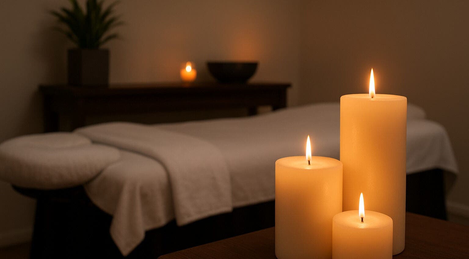 Serene massage room at Deep Relief Mobile Massage, Cape Town, Western Cape, ZA with candles and a massage table.