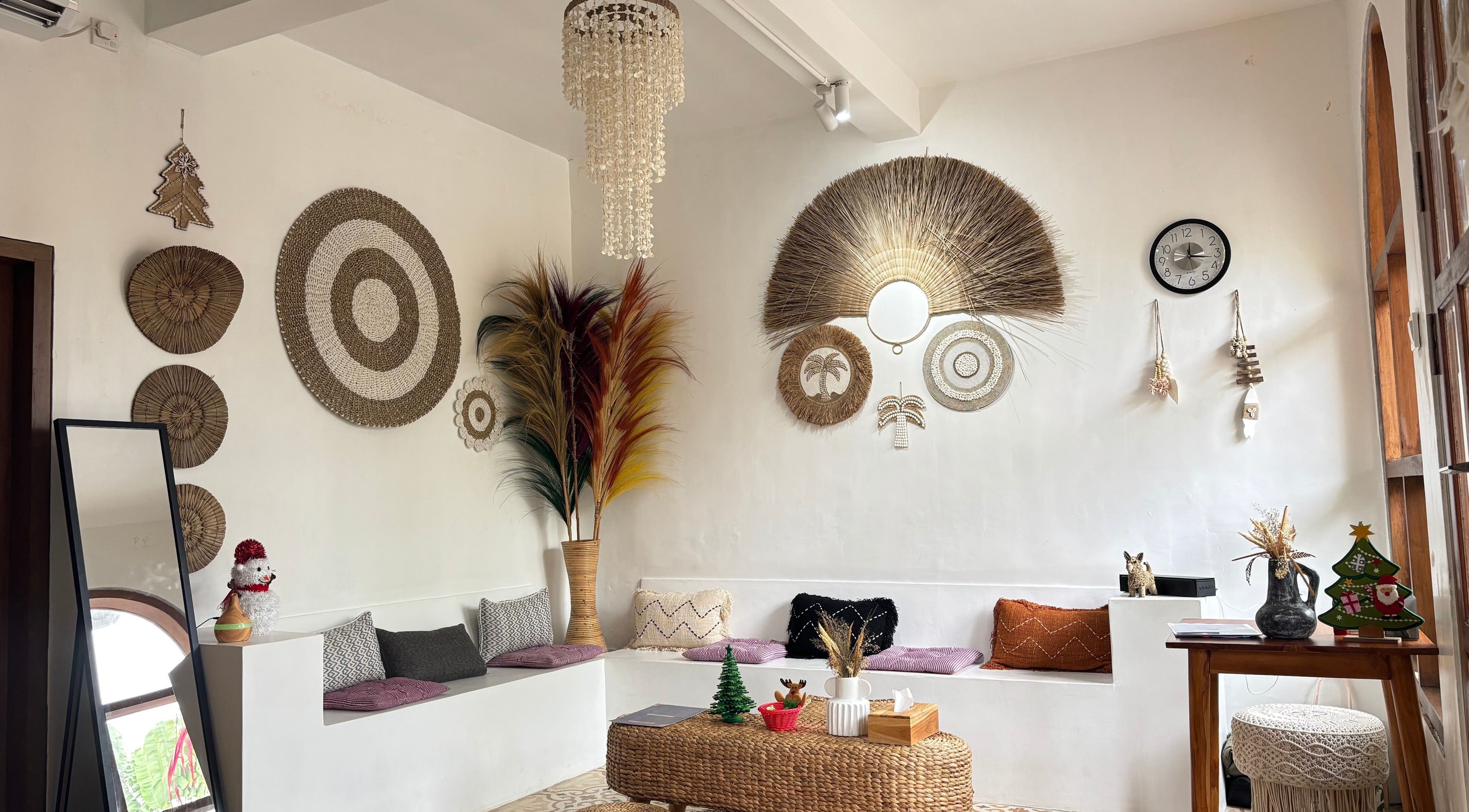 Charming rustic corner at Chellvan Spa, Bali, Bali, ID with woven decor, natural textures, and vibrant accents.