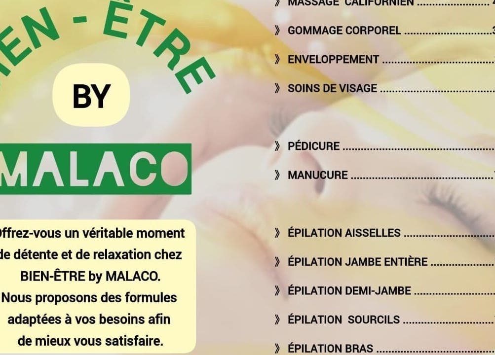 Menu de services Bien être By Malaco, Le Havre, Normandie, FR, incluant massages et soins esthétiques.