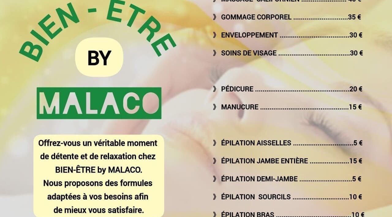 Menu de services Bien être By Malaco, Le Havre, Normandie, FR, incluant massages et soins esthétiques.