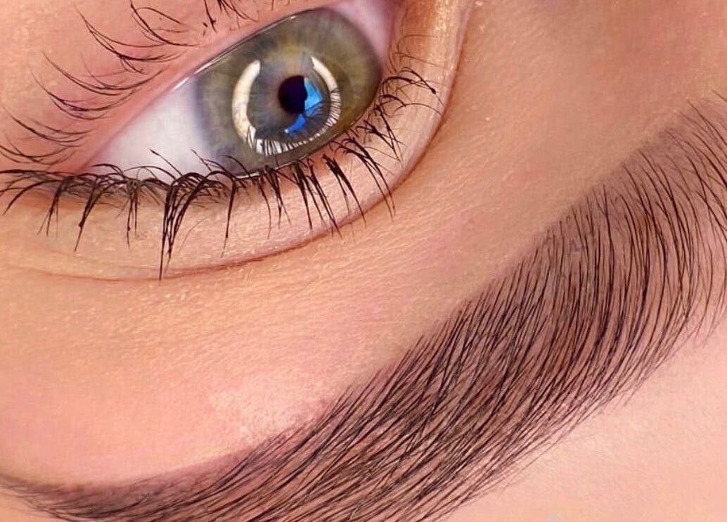 Close-up of eye with detailed eyebrow shaping at Beauty by Yulia, Cwmbran, Wales, GB.