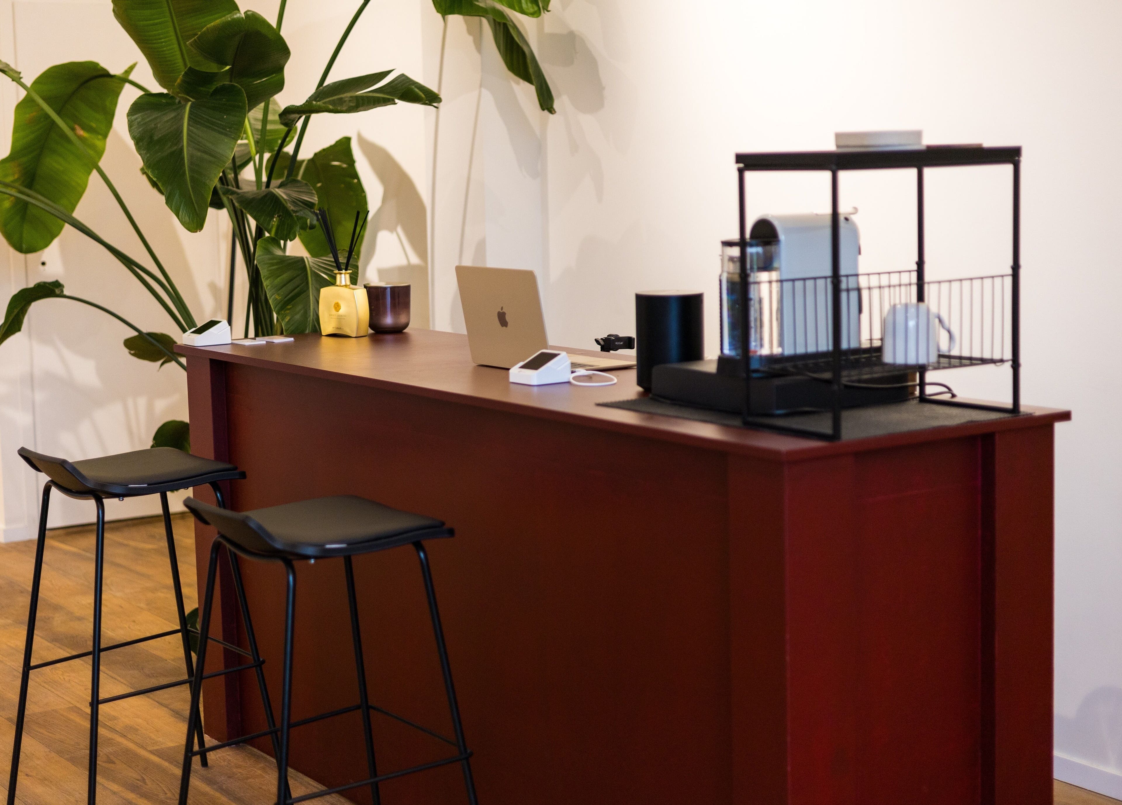 Moderne houten balie met planten bij HS AMSTERDAM OOST, Amsterdam, Noord-Holland, NL.