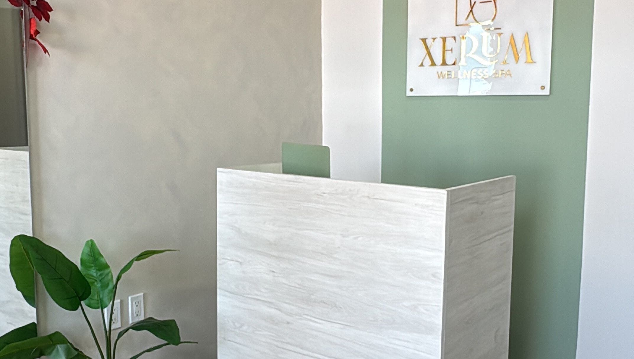 Reception area of XERŪM Wellness Spa in Tijuana, Baja California, MX with minimalist decor.
