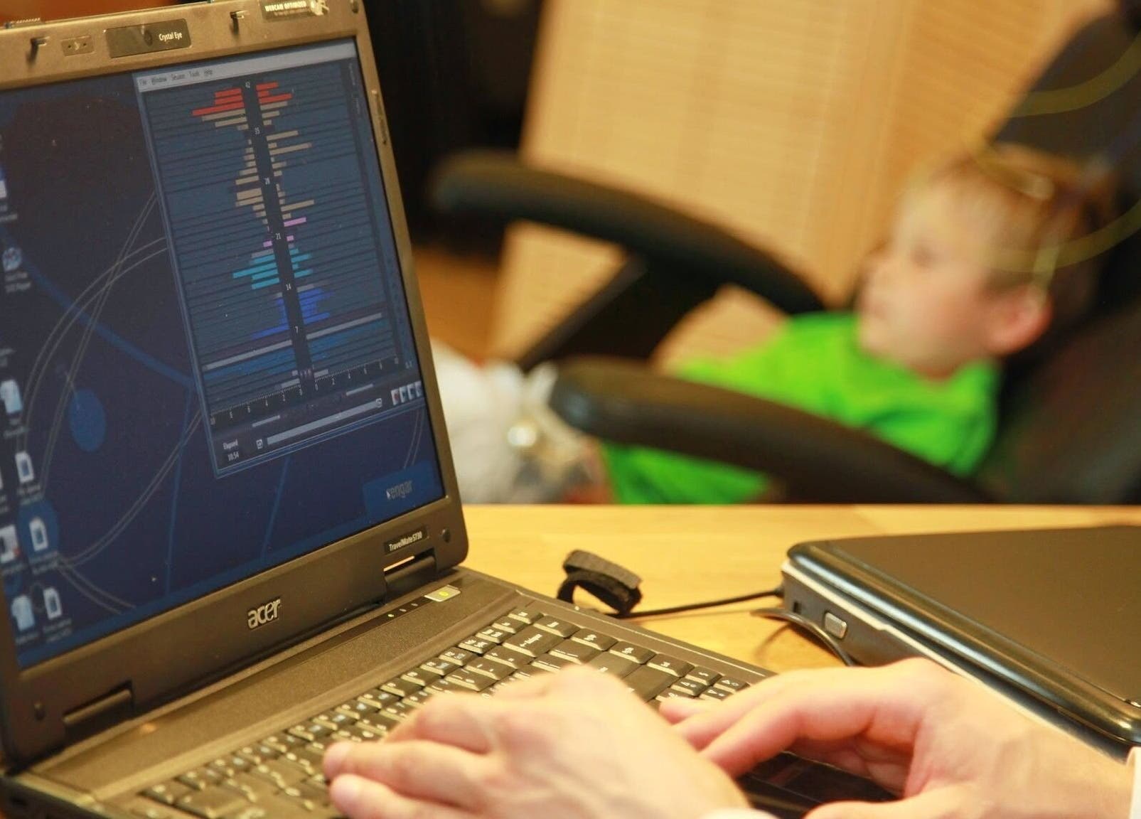 Digital brainwave analysis session at RigaBrain, Rīga, LV with a child in a chair.