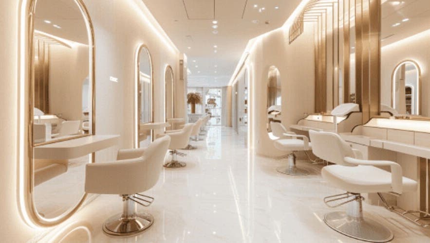 Luxurious beauty salon at testing in Dar Es Salaam, Dar Es Salam, TZ with chic white chairs and mirrors.