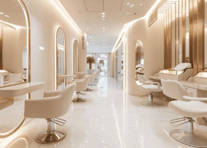 Luxurious beauty salon at testing in Dar Es Salaam, Dar Es Salam, TZ with chic white chairs and mirrors.