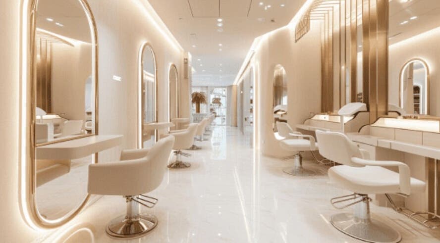 Luxurious beauty salon at testing in Dar Es Salaam, Dar Es Salam, TZ with chic white chairs and mirrors.