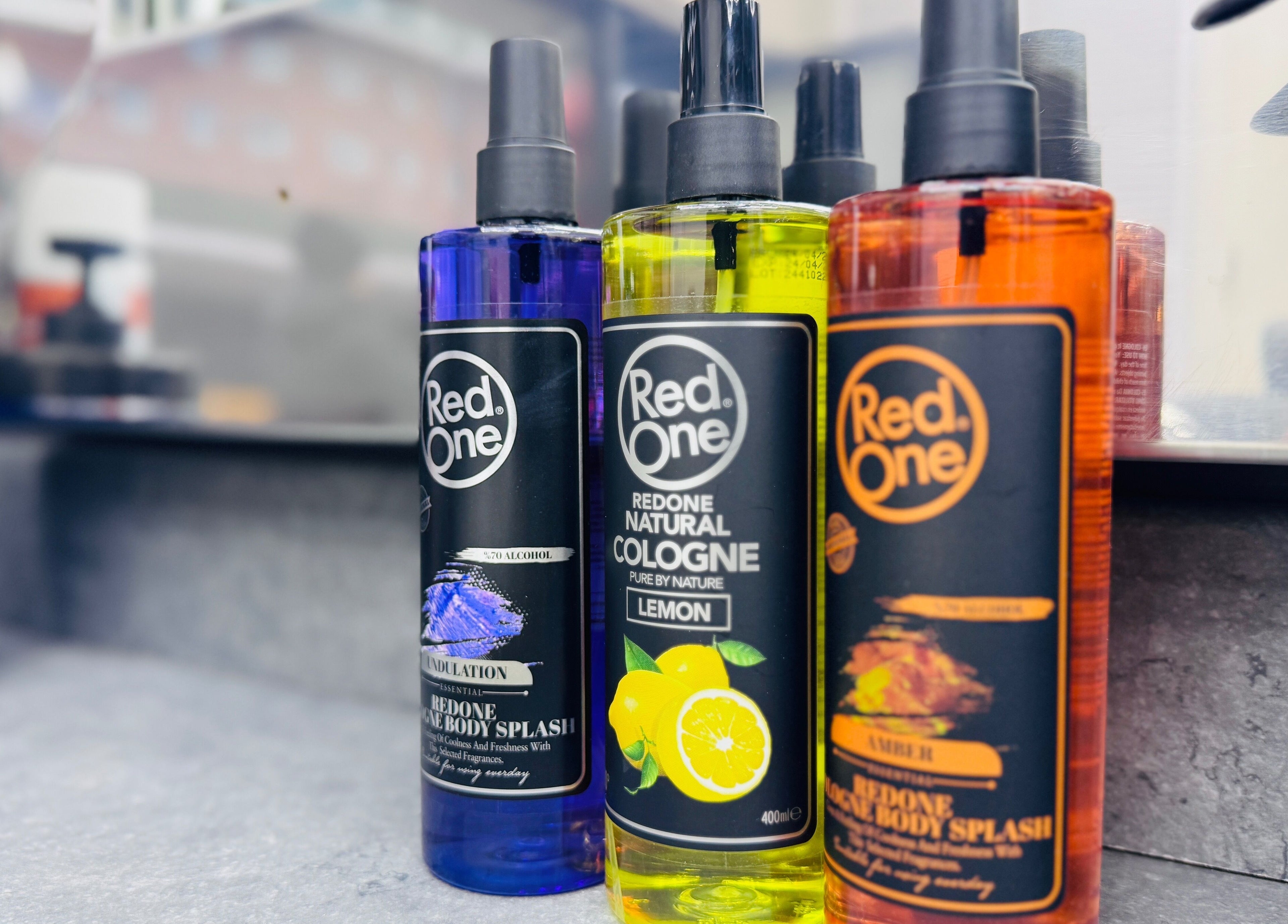 RedOne colognes at Danny’s Barber in London, England, GB. Vibrant and aromatic grooming essentials.