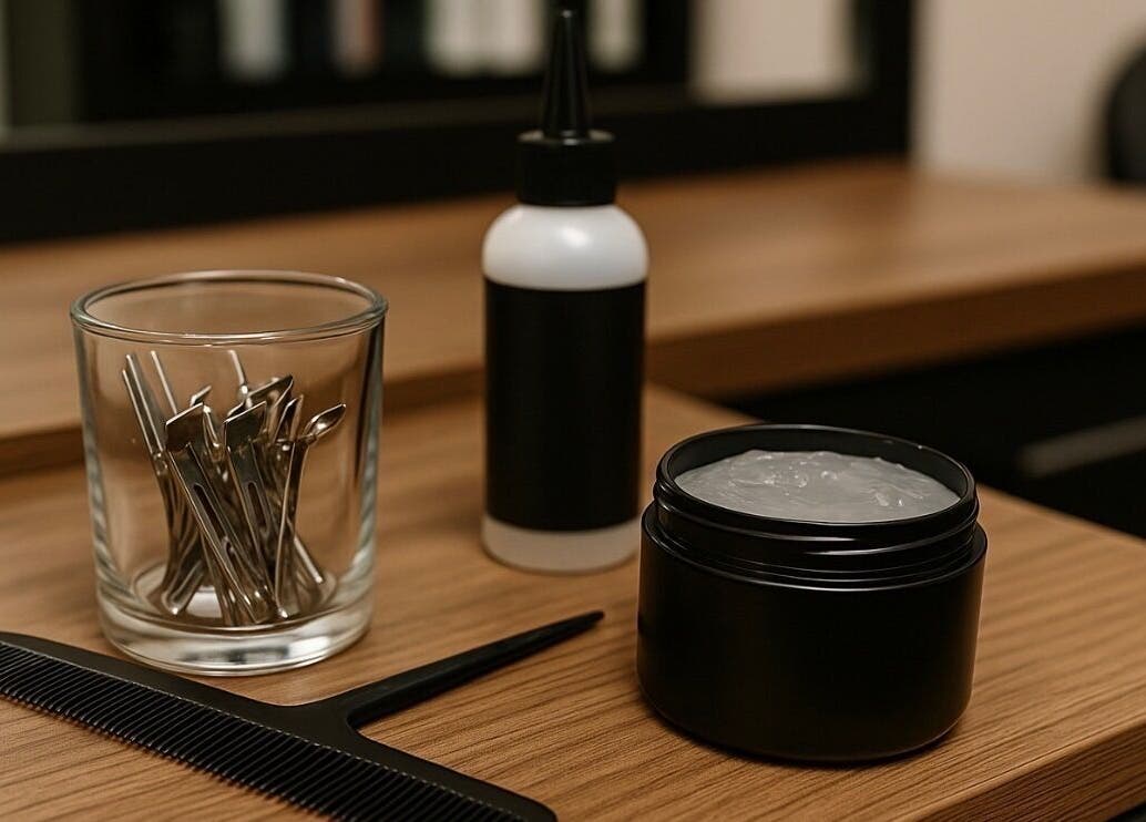 Styling tools on wooden counter at Loc’d With GBaby, Conyers, Georgia, US, highlighting salon readiness.