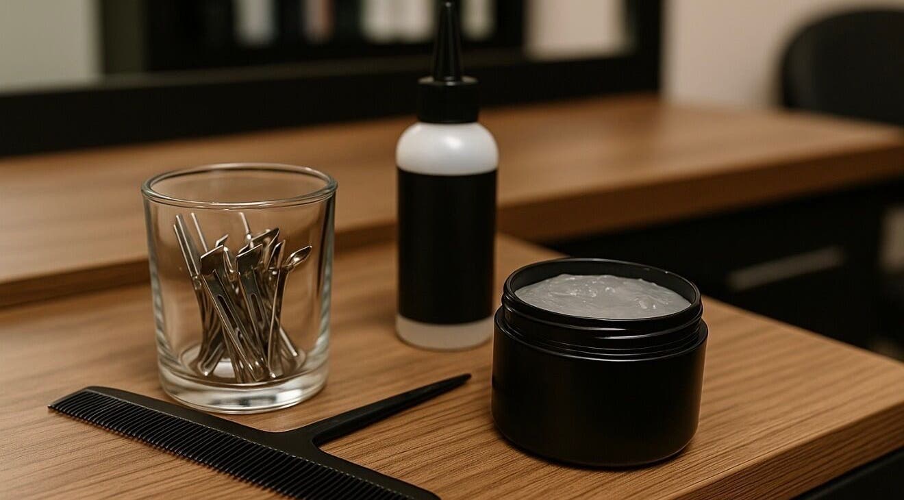 Styling tools on wooden counter at Loc’d With GBaby, Conyers, Georgia, US, highlighting salon readiness.