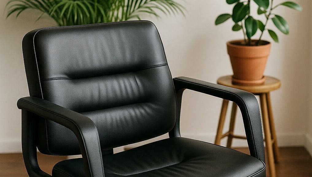 Modern black salon chair at Loc’d With GBaby in Conyers, Georgia, US with indoor plants in background.