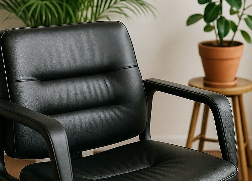 Modern black salon chair at Loc’d With GBaby in Conyers, Georgia, US with indoor plants in background.
