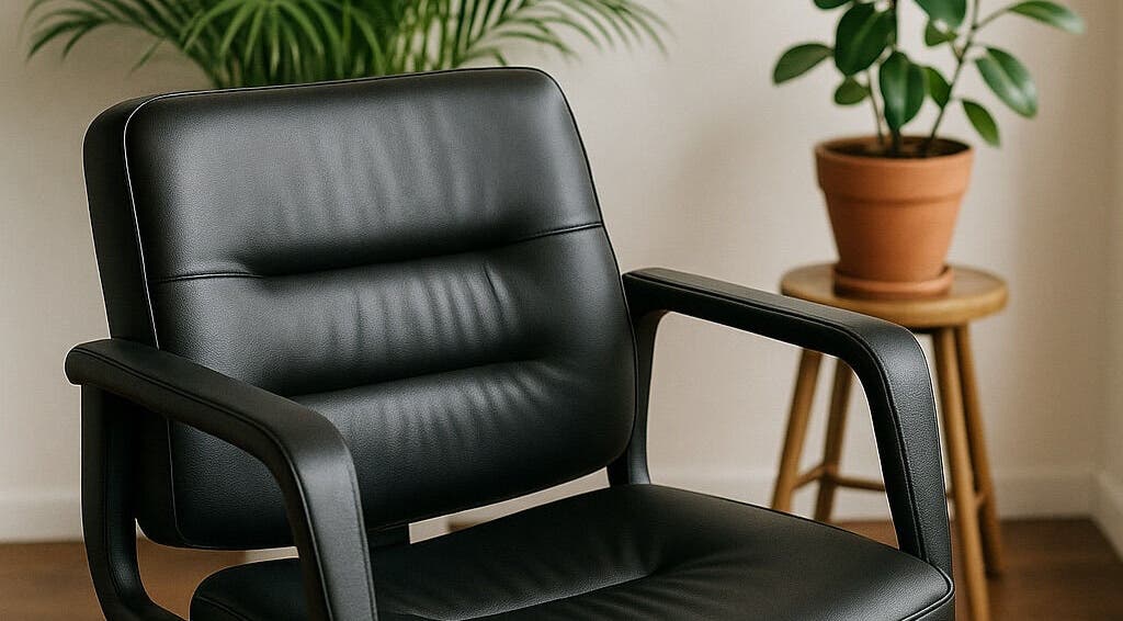 Modern black salon chair at Loc’d With GBaby in Conyers, Georgia, US with indoor plants in background.