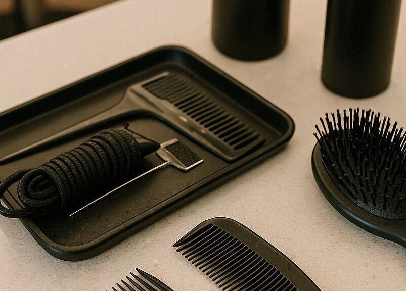 Hair tools at Loc’d With GBaby, Conyers, Georgia, US, showcasing combs and brushes on a tray.