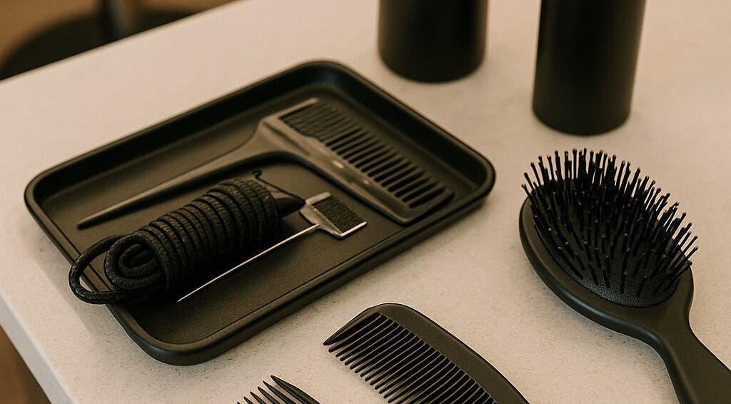 Hair tools at Loc’d With GBaby, Conyers, Georgia, US, showcasing combs and brushes on a tray.