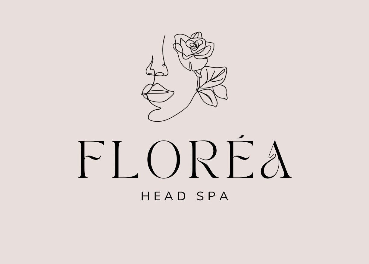 Logo of Floréa Head Spa in Casula, New South Wales, AU with line art face and rose.