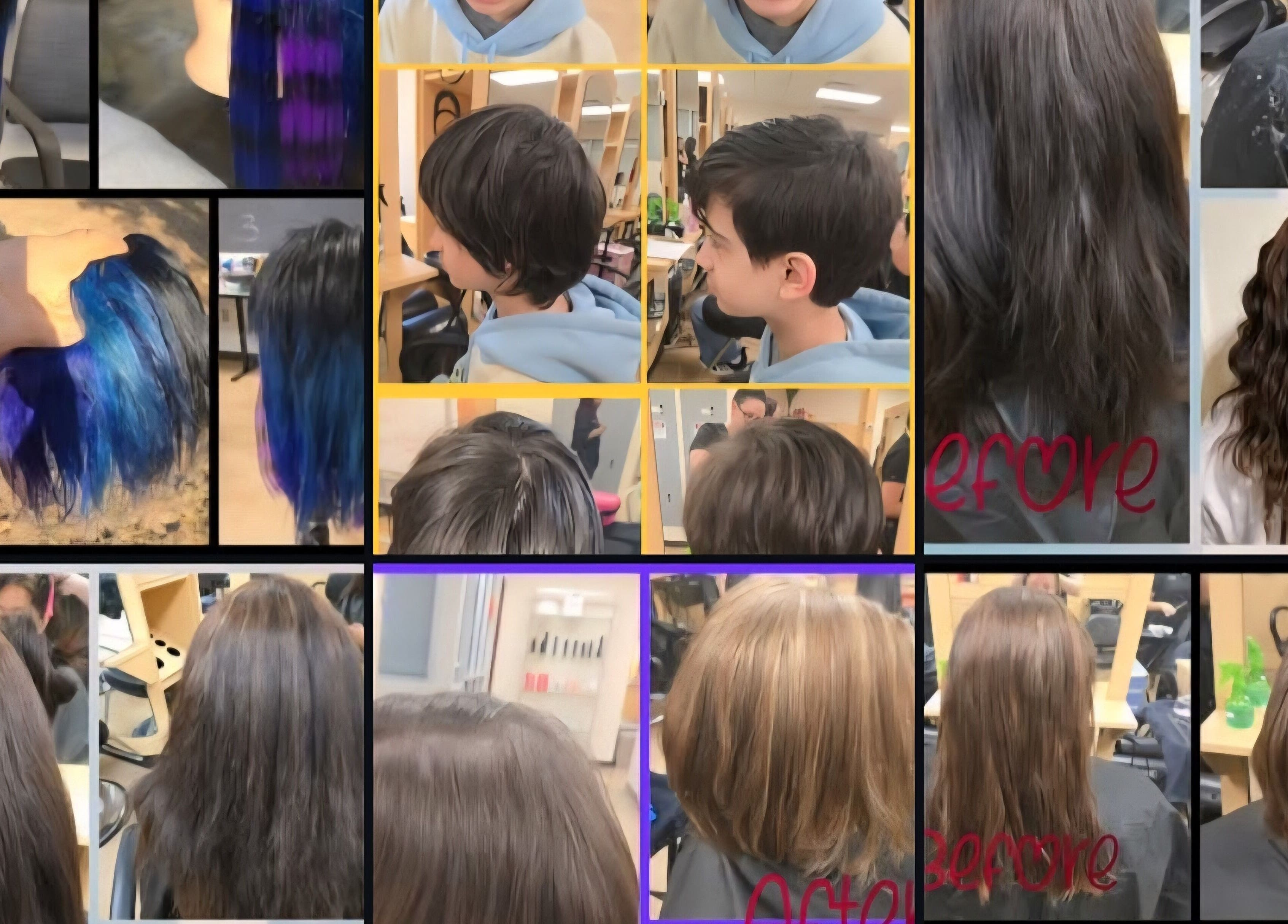 Diverse hairstyles showcase at Serene_Haven_Salon, Texas, Texas, US, featuring vibrant colors and sleek cuts.