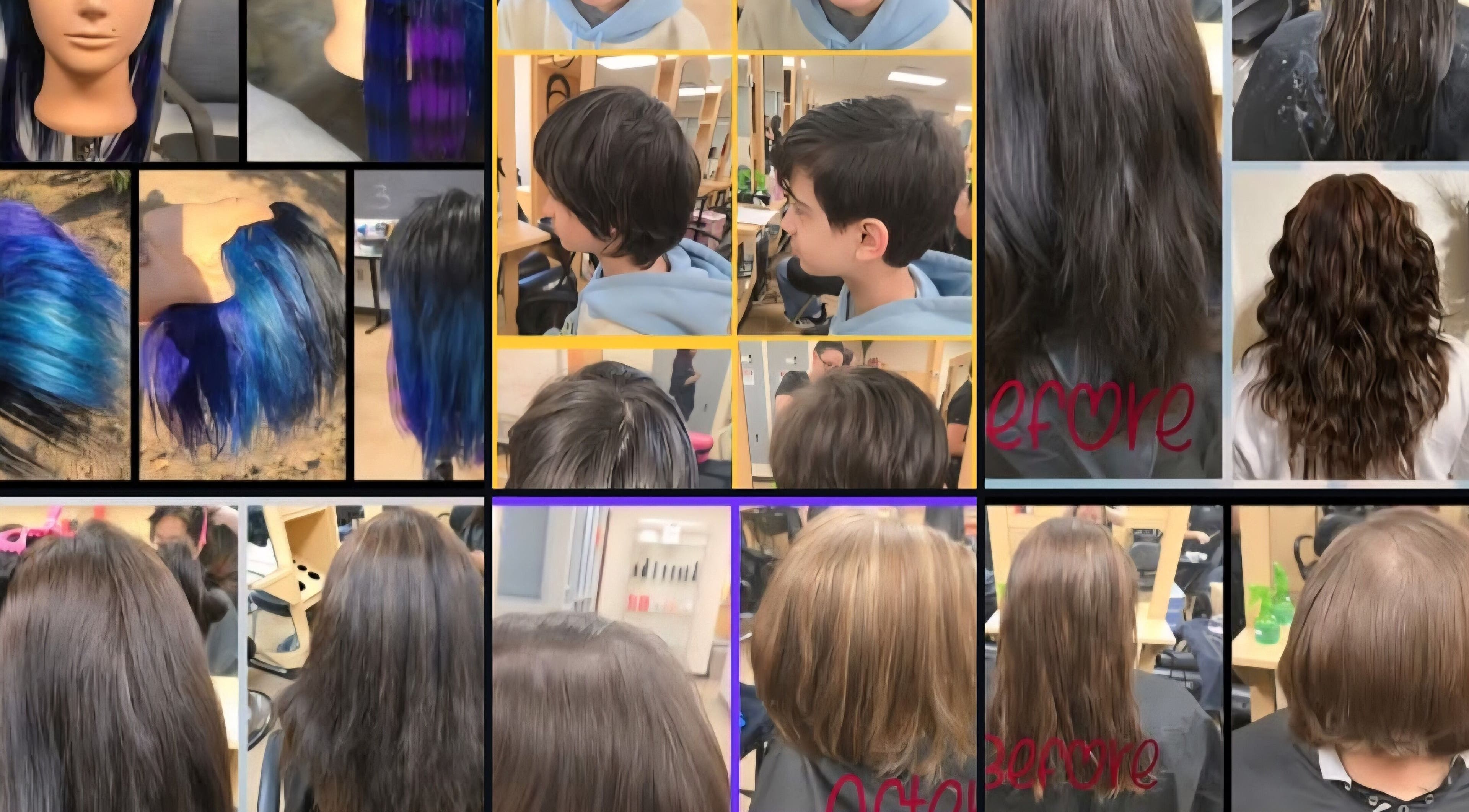 Diverse hairstyles showcase at Serene_Haven_Salon, Texas, Texas, US, featuring vibrant colors and sleek cuts.