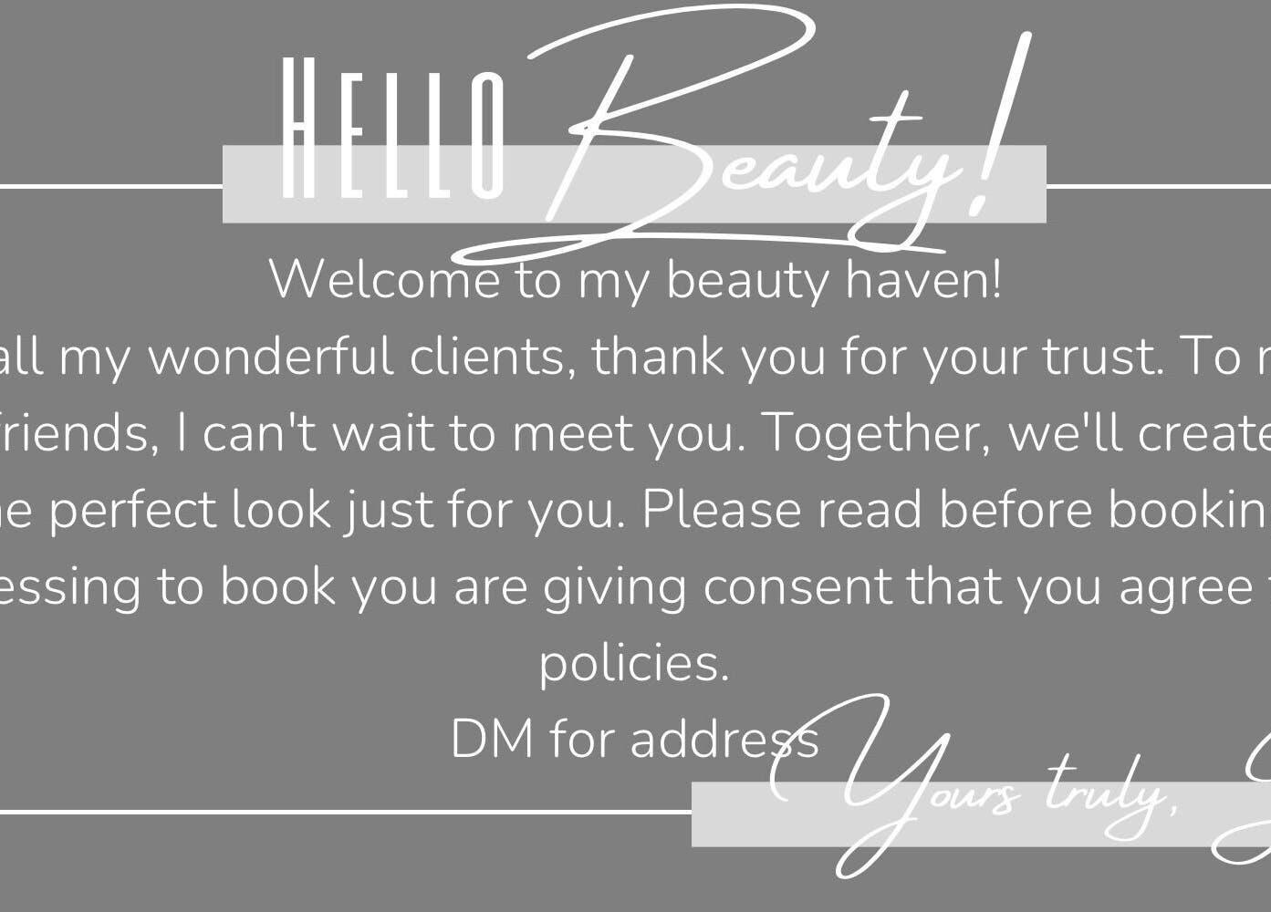 Welcome message at Luxy Lashes in Windsor, Ontario, CA, inviting clients to the beauty haven.