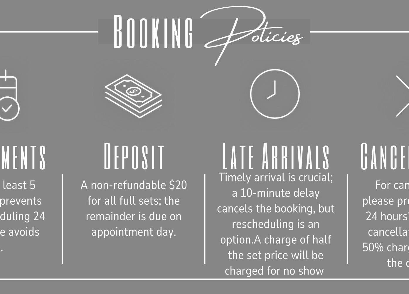 Luxy Lashes booking policies graphic, Windsor, Ontario, CA outlining appointments, deposit, arrivals, cancellations.