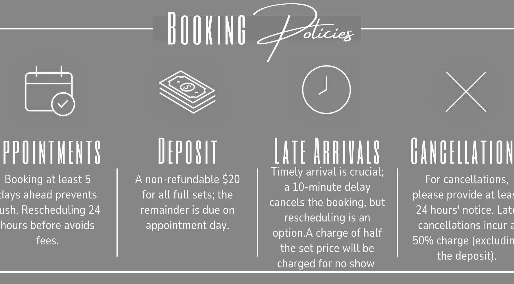 Luxy Lashes booking policies graphic, Windsor, Ontario, CA outlining appointments, deposit, arrivals, cancellations.