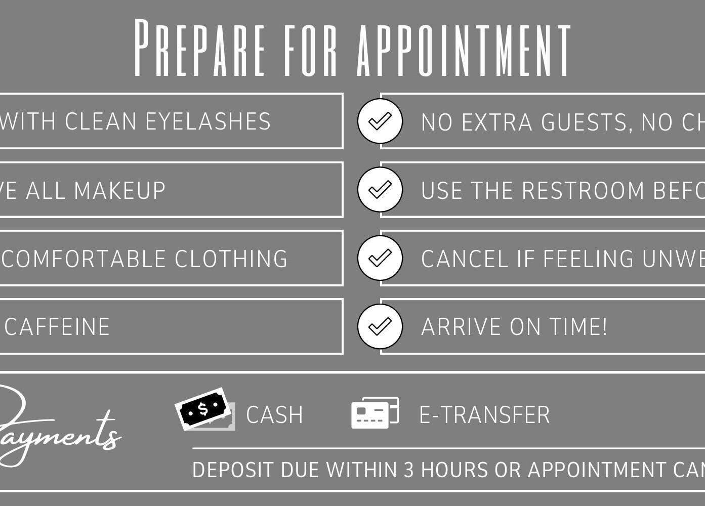Luxy Lashes appointment preparation and payment info in Windsor, Ontario, CA. Tips include clean eyelashes and no guests.