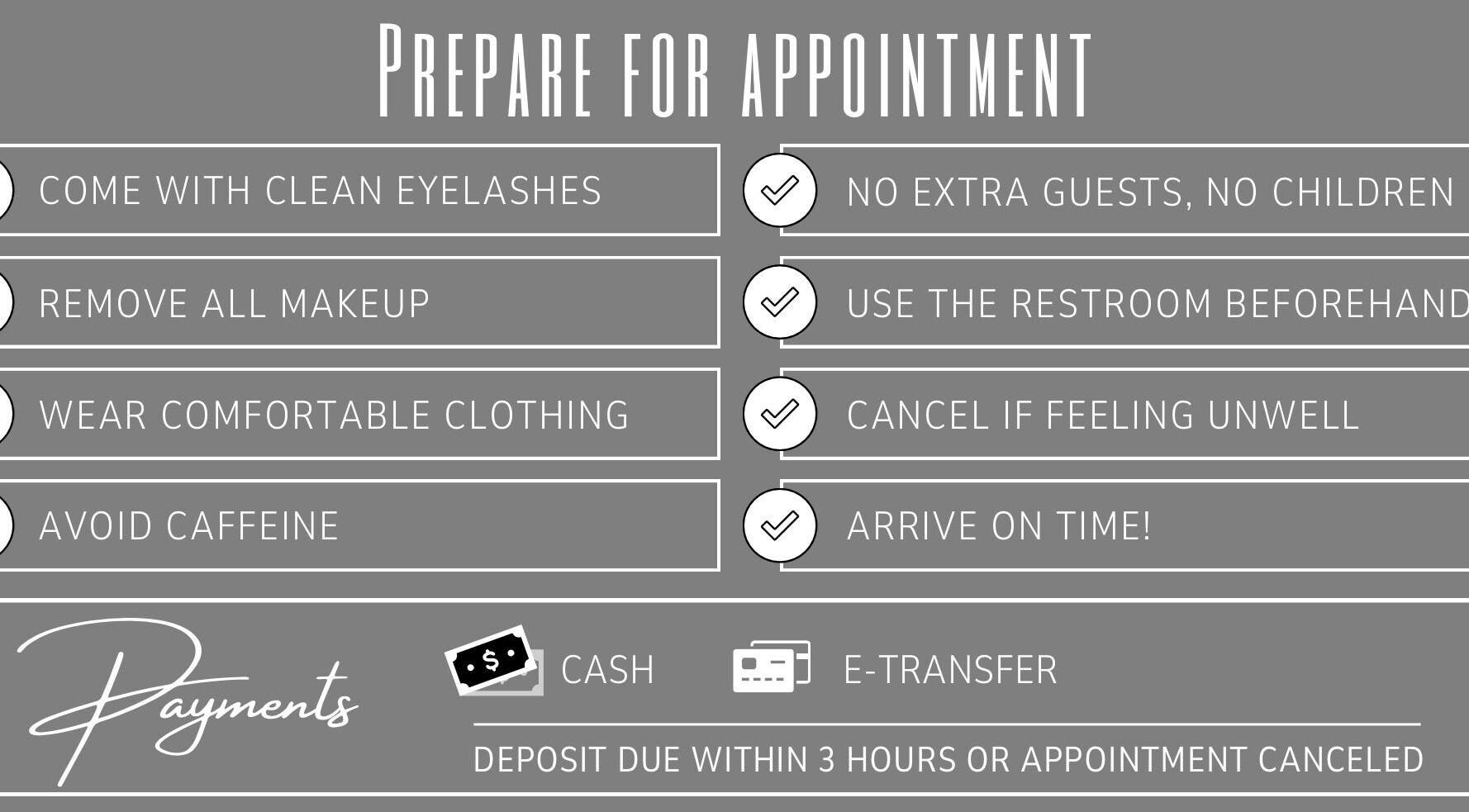 Luxy Lashes appointment preparation and payment info in Windsor, Ontario, CA. Tips include clean eyelashes and no guests.