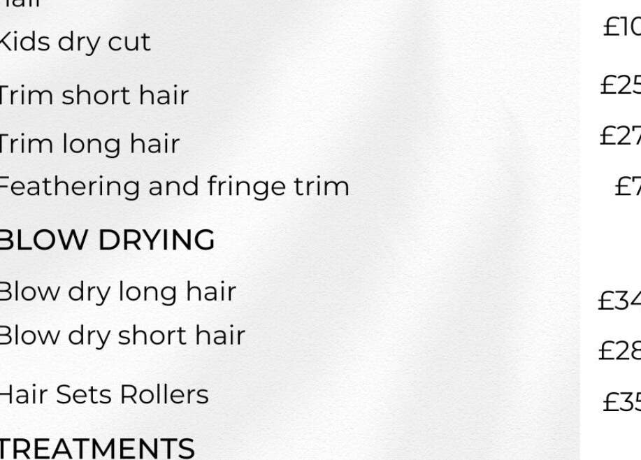 Service menu for CEP mobile hairdressing in Kidsgrove, GB with pricing for trims, blow drying, and treatments.