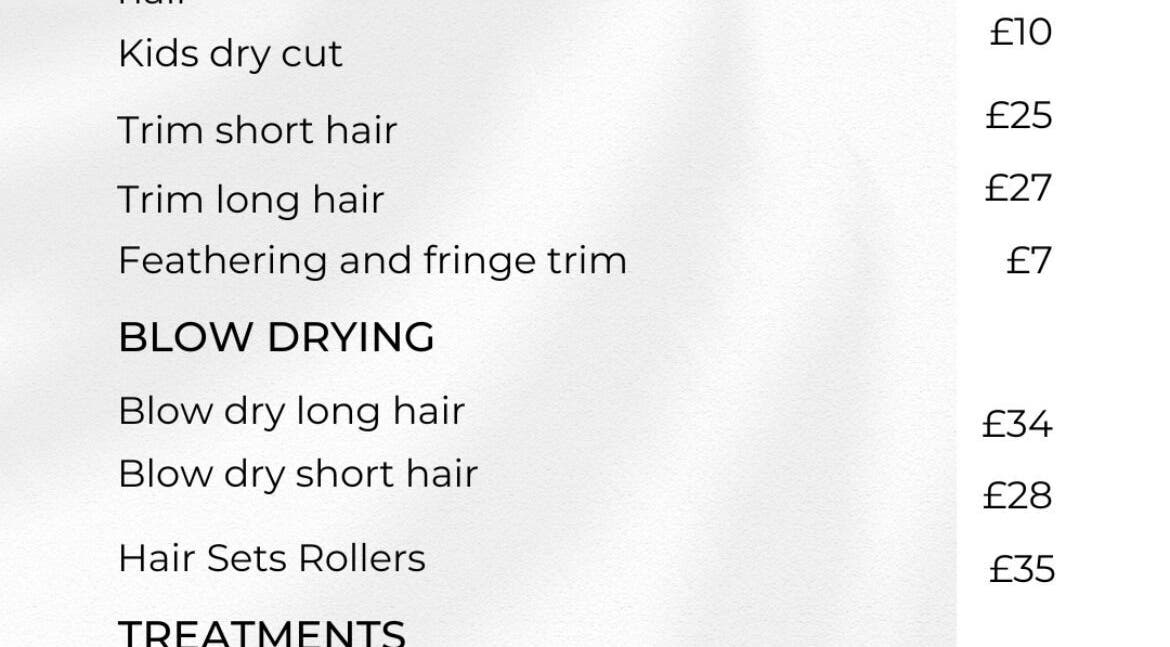 Service menu for CEP mobile hairdressing in Kidsgrove, GB with pricing for trims, blow drying, and treatments.