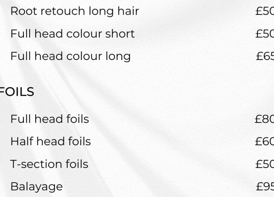 Pricing list for hair services at CEP mobile hairdressing, Kidsgrove, GB. Includes color and foils options.