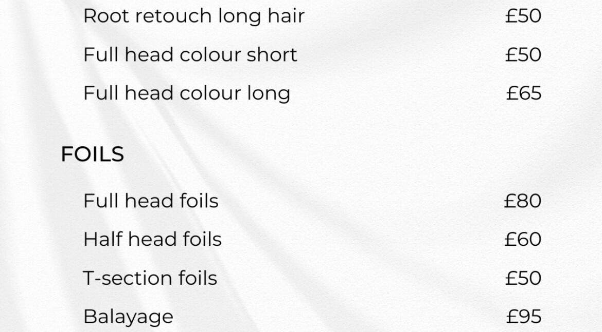 Pricing list for hair services at CEP mobile hairdressing, Kidsgrove, GB. Includes color and foils options.