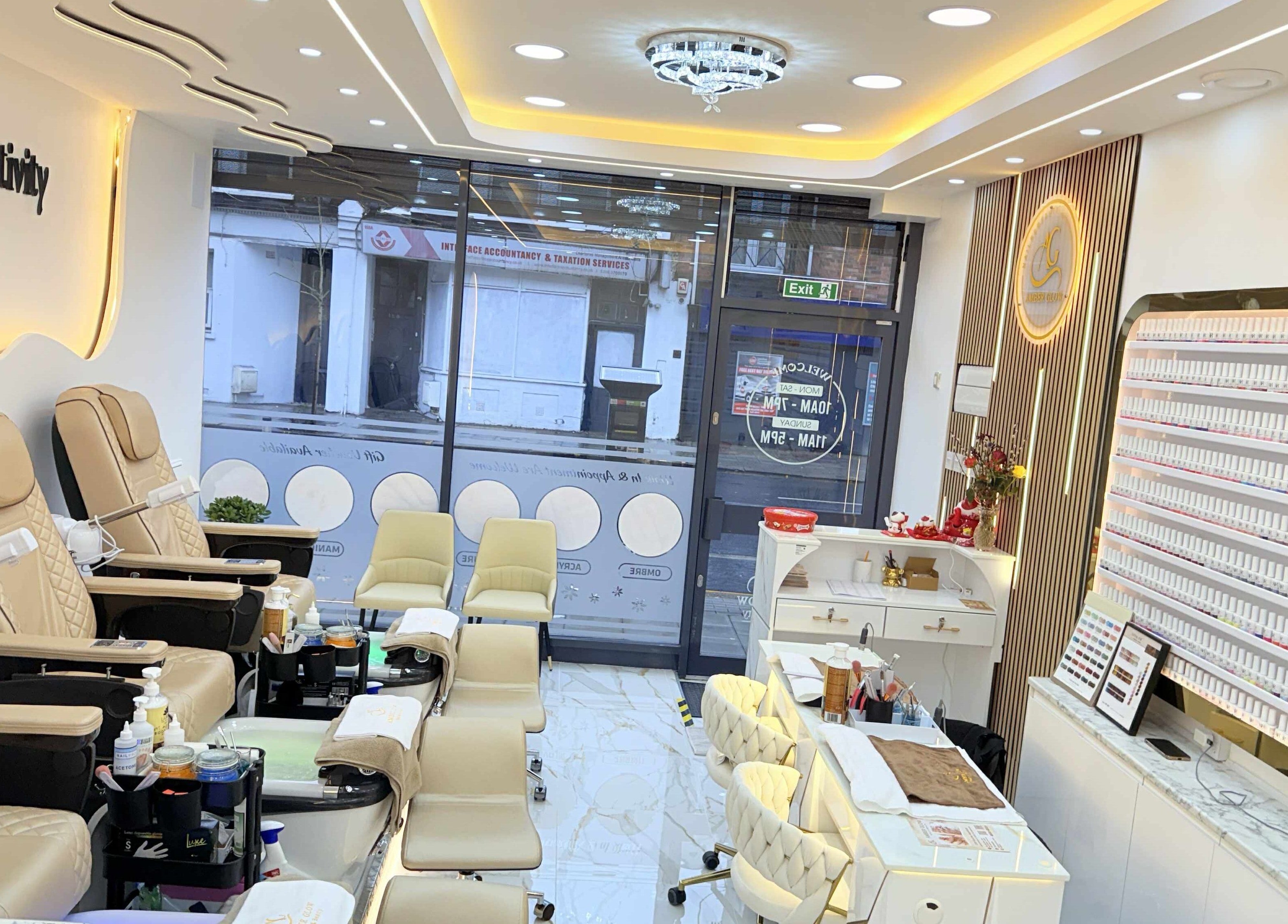 Amber Glow Nails & Beauty in London, England, GB offers a stylish and modern interior for ultimate relaxation.