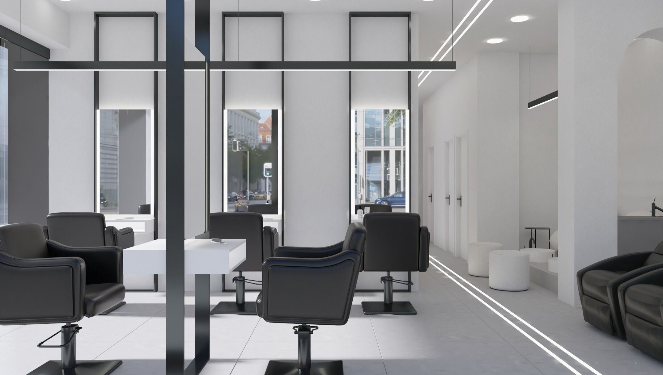 Σύγχρονο εσωτερικό MEDUSA BARBER TRIANDRIA στην Τριανδρία, GR με κομψές καρέκλες εξυπηρέτησης.