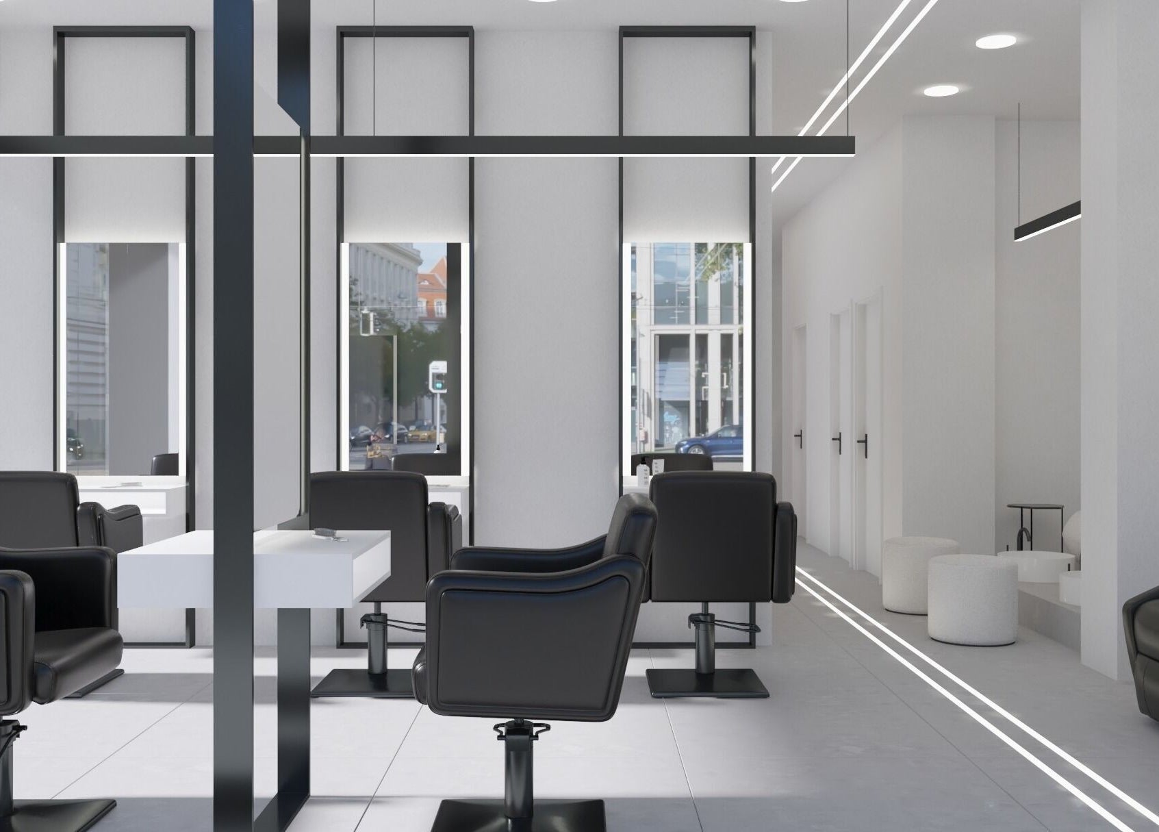 Σύγχρονο εσωτερικό MEDUSA BARBER TRIANDRIA στην Τριανδρία, GR με κομψές καρέκλες εξυπηρέτησης.