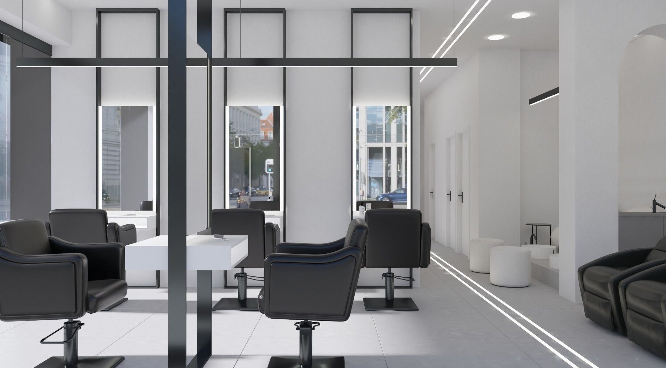 Σύγχρονο εσωτερικό MEDUSA BARBER TRIANDRIA στην Τριανδρία, GR με κομψές καρέκλες εξυπηρέτησης.